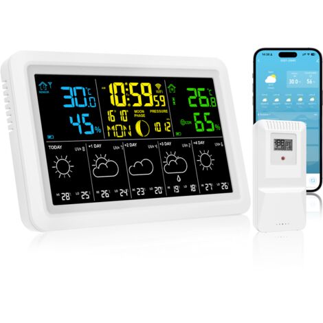 Orologio meteo WIFI, previsioni meteo a 5 giorni, termometro e igrometro per interni/esterni, fasi lunari, pressione atmosferica, ora, data, stazione meteorologica.