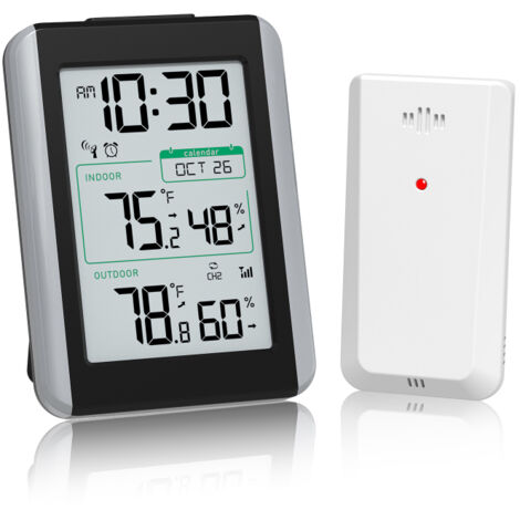 Orologio, termometro e igrometro per interni/esterni, display dell'ora a 4 cifre, 1 sensore incluso, indicatore di batteria scarica.