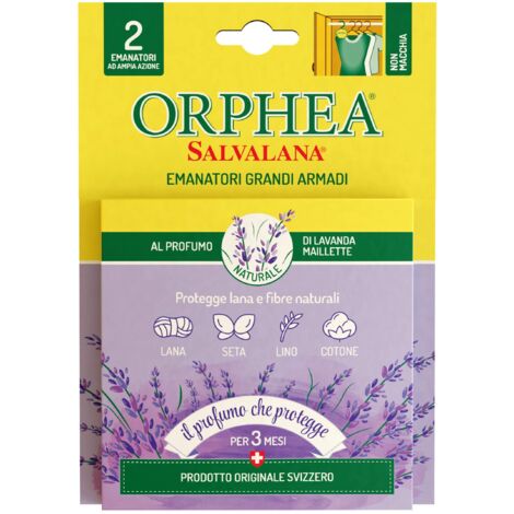 Orphea Salvalana, Emanatori Grandi Armadi, Protegge Lana e Vestiti Tutta la Stagione, Profumo di Lavanda, Agisce per 3 Mesi - 2 Diffusori in Pura Cellulosa