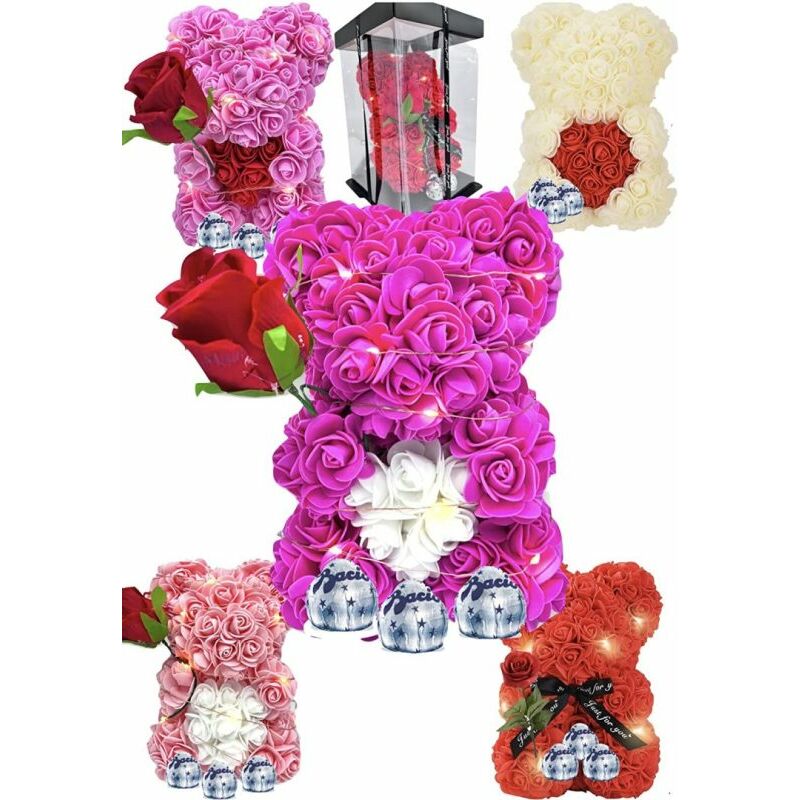 Image of Orso di Rose Idea Regalo Orsetto con Rose per San Valentino Teddy rose 25 cm - Fucsia - Fucsia