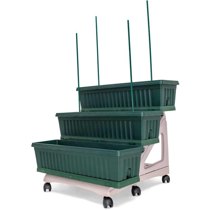 Orto Easy - Lot de 3 jardinières de 80 cm avec soucoupe et chariot à 3 niveaux pour aménagements ou potager vertical. Pratique à déplacer. Couleur