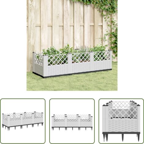 Orto -  Fioriera da Giardino con Picchetti Bianca 123,5x43,5x43,5 cm PP