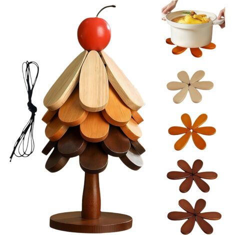 Ortviai Dessous de Plat en Bois de Hêtre - Set de 5 Trivets Pliables en Forme d'Arbre de Noël - Repose-Plat Chaleur Résistant pour Cuisine et Table - Décoration Artisanale avec Support Pomme Rouge