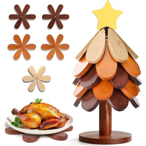 Ortviai Dessous de Plat en Bois de Hêtre - Set de 5 Trivets Pliables en Forme d'Arbre de Noël - Repose-Plat Chaleur Résistant pour Cuisine et Table - Décoration avec Support Étoile Jaune