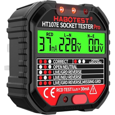 Ortviai électricien Testeurs de Prise Électrique HT107D - avec Test RCD et Écran LCD de Tension - Diagnostic de 6 Défauts de Câblage - Norme EU - Noir