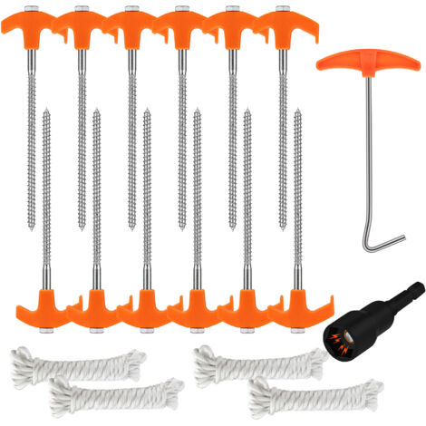 Ortviai Lot de 18 Piquets de Tente à Visser Robustes - Sardines à Vis en Métal pour Camping - Ancrages au Sol avec Adaptateur pour Perceuse, Cordes et Crochet en T - Orange