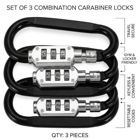 Ortviai Lot de 3 Mousquetons à Code à 3 Chiffres - Serrure à Combinaison Portable pour Casque de Moto, Sac à Dos et Bagages - Crochet de Sécurité - Noir