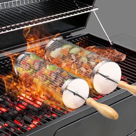 Ortviai Panier de Barbecue Roulant en Acier Inoxydable 304 - Lot de 2 Cylindres avec Manches en Bois (30cm + 29cm) - Accessoire Grillade pour Légumes et Viandes - Inclus 2 Crochets, 2 Fourchettes et B