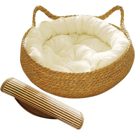 Ortviai Panier pour Chat en Paille de Jonc - Nid d'Été pour Petit Chien et Chat - Lit Respirant avec Coussin Blanc et Natte de Refroidissement - Griffoir Intégré - 42x14cm
