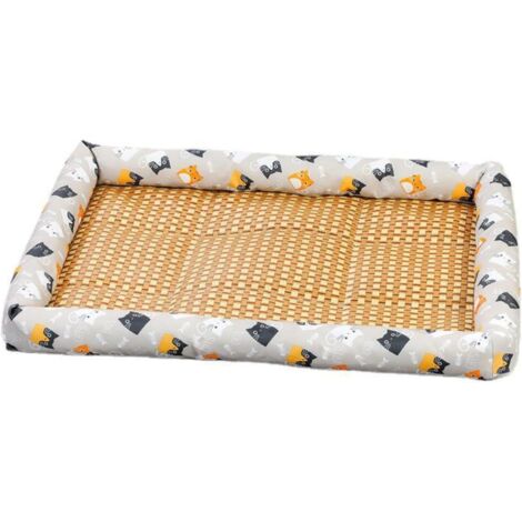 Ortviai Paniers pour Chat en Rotin Naturel - Nid d'Été Respirant avec Rebords - 60x45cm - Tapis de Refroidissement Lavable pour Petit Chien et Chat - Motif Chat Gris