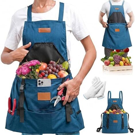 Ortviai Tablier de Jardinage Imperméable avec Poches - Tablier de Récolte à Grande Capacité en Tissu Oxford - Équipement de Travail pour Verger et Cueillette - Garden Apron Unisexe avec Sangles Croisé