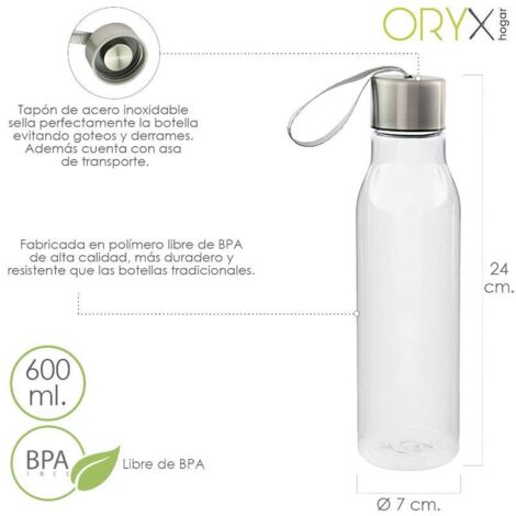 ORYX Botella Agua, Capacidad De 600 ML. Plastico Libre BPA, Con Asa, Tapon Acero Inoxidable.
