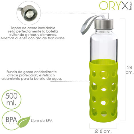 ORYX Trinkflasche aus Glas mit Gummihülle und Tropfschutz, 500ml, BPA-frei