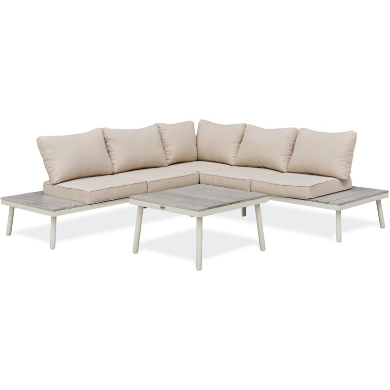 Osaka - Salon de jardin d'angle 5 pl en alu blanc et alu aspect bois grisé Dcb Garden