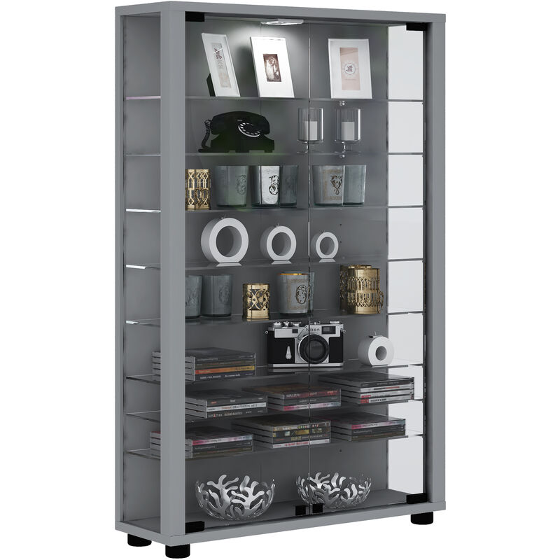 Lumo Mini Vitrine, 2 portes vitrées, tablettes en verre, éclairage incluss led, argent.