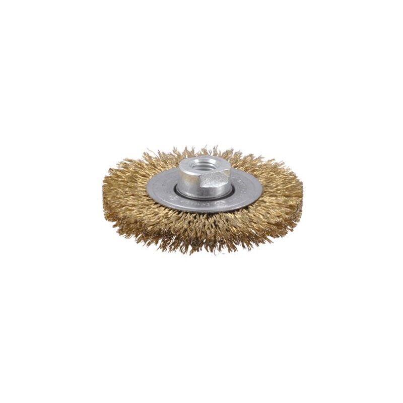 

2812522051 - Cepillo latonado acero circular alambre ondulado con tuerca M14 y filamento de Ø 0.30 mm (115x12 ) - Osborn