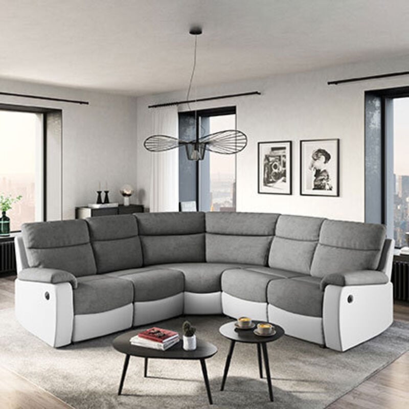 Loungitude - Canapé de relaxation électrique panoramique oscar 6 places en microfibre et simili - Gris / Blanc