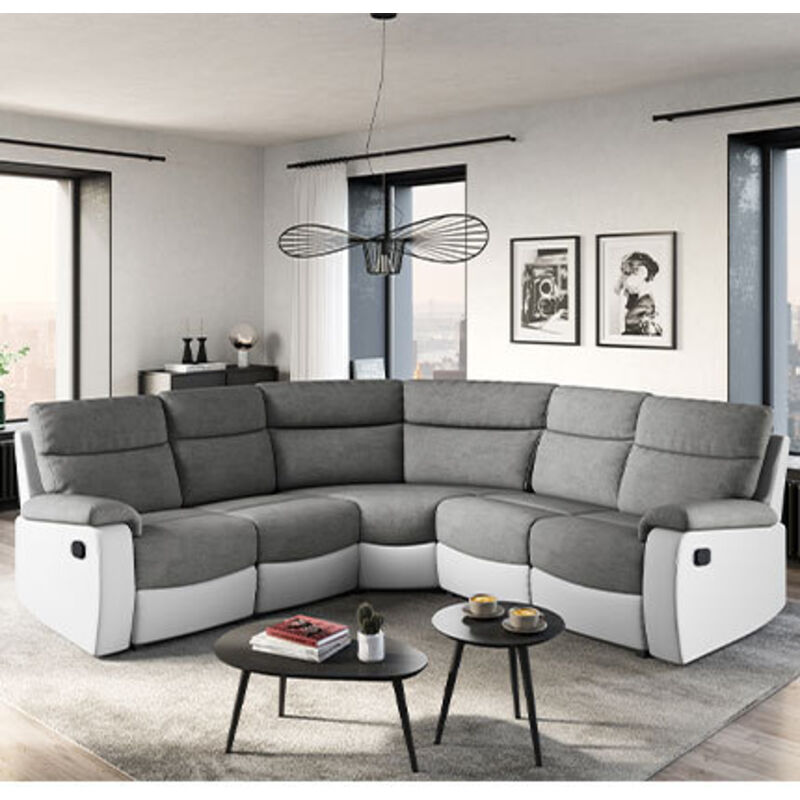 Loungitude - Canapé d'Angle de Relaxation oscar 5 places bi-matière - Gris / Blanc