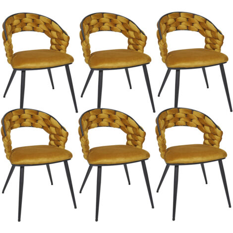 OSCAR - Lot de 6 Chaises en Velours Jaune Moutarde Pieds Métal Noir