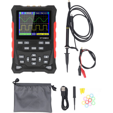 Oscilloscope 2 canaux, bande passante de 120 MHz, taux d'échantillonnage de 500 MSa/s, écran numérique TFT LCD de 2,4 pouces avec sonde 1 à 10X