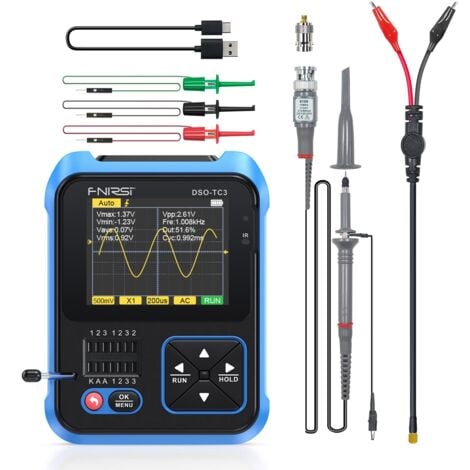 DURFICST Oscilloscope DSO-TC3 - Oscilloscope portable 3 en 1, générateur de signaux DDS et testeur de transistors, bande passante 500 kHz, fréquence d'échantillonnage 10 MSa/s, 6 types de formes d'onde, mesure
