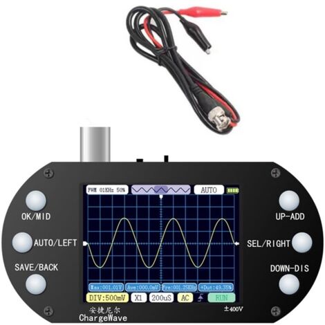 Oscilloscope portable, résolution 320 x 240, écran TFT 2,4 pouces, fréquence d'échantillonnage 2,5 MHz, bande passante 500 kHz, configuration standard