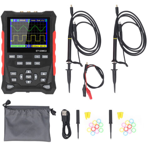 Oscilloscope portatif à 2 canaux, bande passante de 120 MHz, taux d'échantillonnage de 500 MSa/S, écran TFT de 2,4 pouces avec sonde 1 à 10X