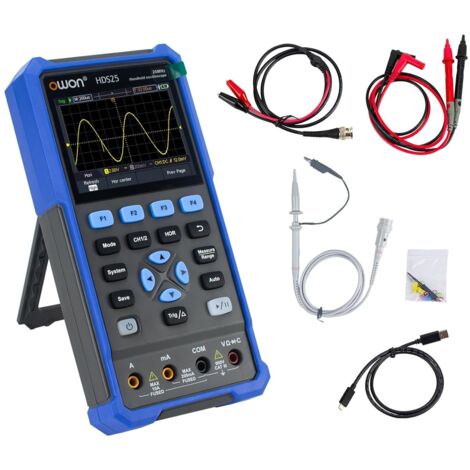 Oscilloscope portatif OWON, multimètre numérique multifonction, instrument de test universel portable 2 en 1 20 000 points avec écran LCD 3,5 pouces, bande passante 2 canaux 25 MHz HDS25