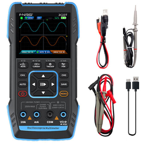 Oscilloscopio digitale portatile 3 in 1, doppio canale 10MHz2, 50MS/s, funzioni combinate di oscilloscopio, multimetro e generatore di segnale.