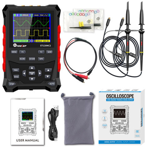 Osciloscopio compatible con señales de salida sinusoidales, triangulares y cuadradas. Base de tiempo y amplitud ajustables. Función de memoria para 2500 formas de onda.