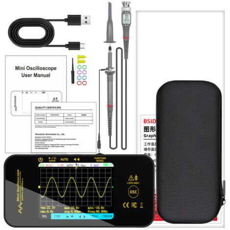 Osciloscopio digital portátil OT5, 50 MHz, 200 MSa/s, pantalla LCD TFT de 3,2 pulgadas, modos de disparo automático/normal/único, recargable por USB, con sonda y estuche de EVA.