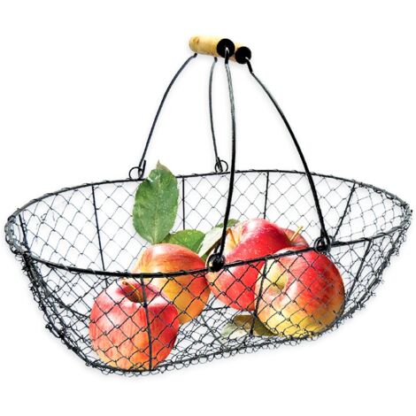 OSE – Panier de récolte en métal noir 8L – Poignées en bois – Pour cueillettes en verger et forêt – Transport facile et pratique - BOIS 8 L