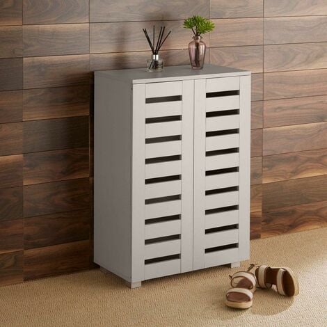 Oslo 2 Door Grey Wooden Shoe Storage Cabinet Rack Stand Cupboard Slatted Doors