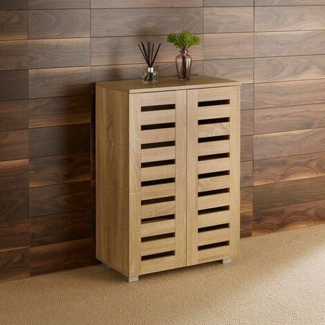 Oslo 2 Door Oak Wooden Shoe Storage Cabinet Rack Stand Cupboard Slatted Doors