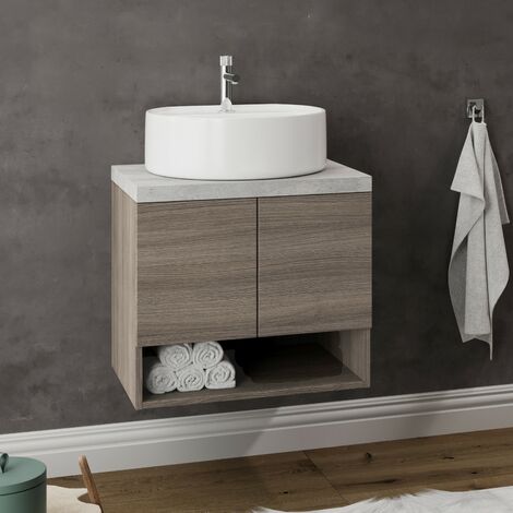 OSLO Meuble 2 portes pour vasque à poser Chêne fumé & plan gris béton largeur 60 cm