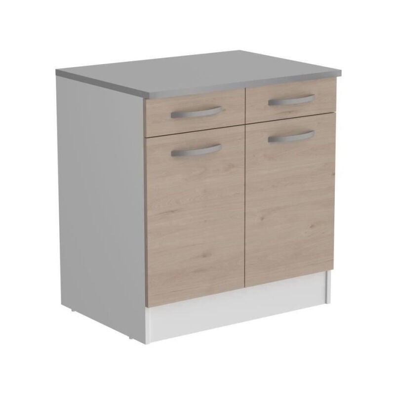 Oslo Meuble Bas 2 portes 2 tiroirs + plan - Décor Chene Jackson - l 80 x p 60 x h 86 cm