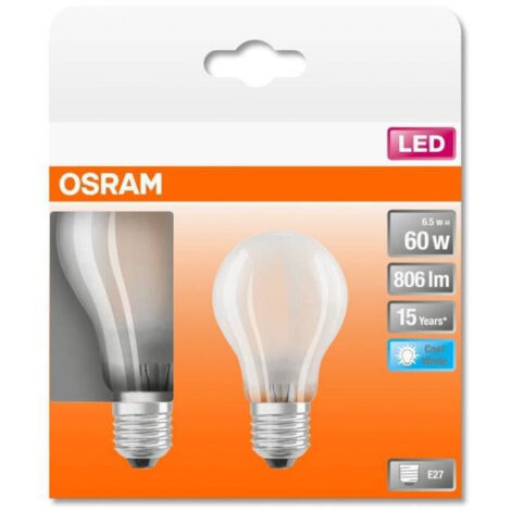 OSRAM 4058075435384, Lampadina LED, Attacco: E27, Bianca Fredda, 4000 K, 7 W, Equivalenti a 60 W, LED SUPERSTAR CLASSIC A, Opaco, Confezione da 2