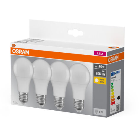 Osram – Ampoule LED E27 9W équivalent 60W – Température de couleur 2700K – Flux lumineux 806 lm – Lot de 4 – Non dimmable