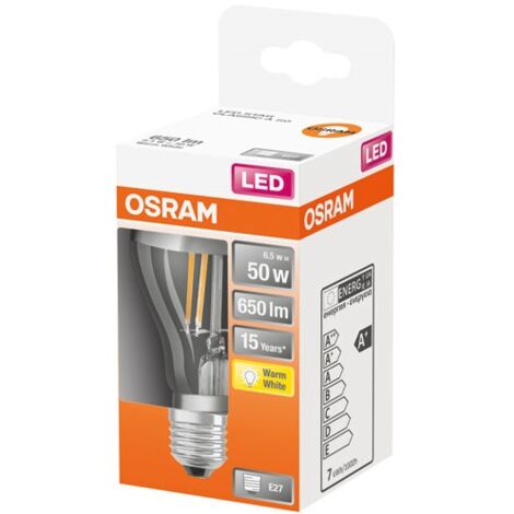 Osram – Ampoule LED E27 A60 6,5W 650lm 2700K – Éclairage blanc chaud – Durée de vie 15 000 heures – Classe énergétique F
