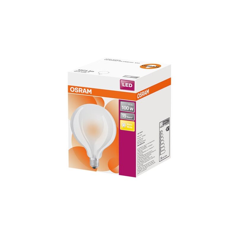 Led globe 95mm verre dépoli 11W= 100W E27 806LM chaud bt1 - Osram