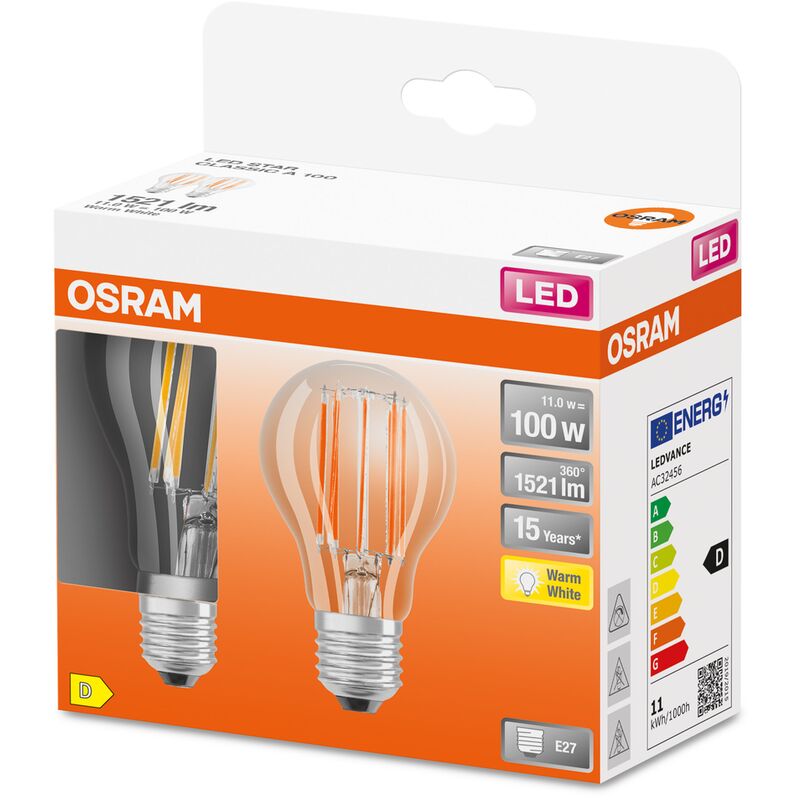 

Bombilla LED Star Classic A 100 FS, luz blanca cálida, filamento transparente, E27, pack doble - Osram