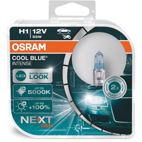 OSRAM COOL BLUE INTENSE H1, +100% luminosa, fino a 5000K, lampada alogena, look LED, box duo (2 lampade)
