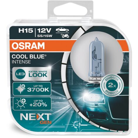 OSRAM COOL BLUE INTENSE H15, +20% luminosa, fino a 3700K, lampada alogena, look LED, duo box (2 lampade)
