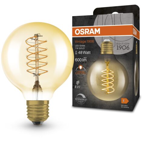 OSRAM Lampada a LED Vintage 1906 tinta dorata, 7W, 600 libbre, forma a sfera presa da 80 mm di diametro e E27, bianca calda, filamento a spirale, dimmerabile, fino a 15.000 ore di durata della vita