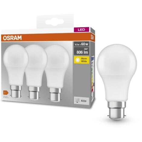 OSRAM Lampada LED BASE CLASSIC A 60 FR con attacco B22d, goccia, confezione tripla, 8.5W, 806lm, 2700K, luce bianca calda, bassa emissione di calore, basso consumo energetico, lunga durata