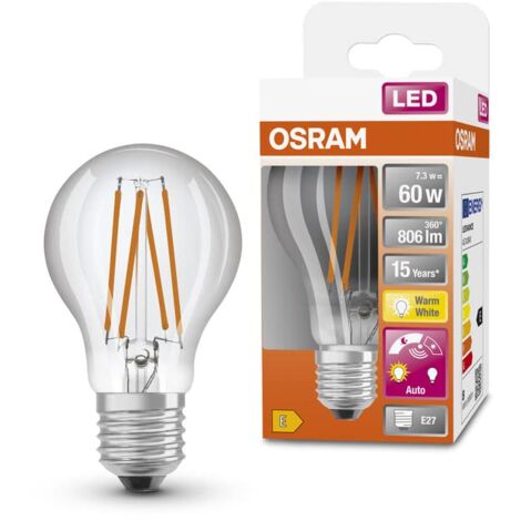 OSRAM Lampada LED Star+ con sensore di luce diurna, E27-base Ottica del filamento ,Bianco caldo (2700K), 806 Lumen, sostituzione delle lampade 60W, non dimmerabile, 4-Confezione