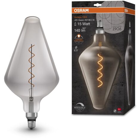 OSRAM Lampada LED Vintage 1906 vetro fumé, 4W, 140lm, forma a cono con diametro 193mm e attacco E27, luce bianca calda, filamento dimmerabile, durata fino a 15.000 ore