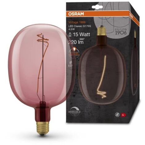 OSRAM Lampada LED Vintage 1906 vetro rosa, 4,5W, 220lm, forma a palloncino con diametro 170mm e attacco E27, luce bianca calda, filamento dimmerabile, durata fino a 15.000 ore