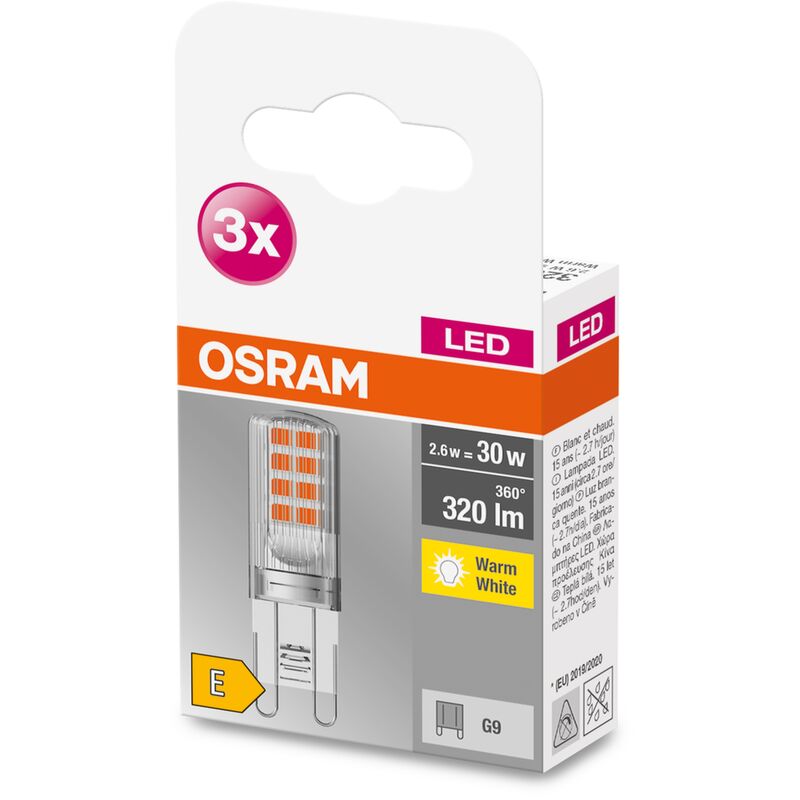 

LED BASE PIN G9 Lote de 3 x LED BASE PIN G9 , Bombilla LED G9, 2,60W , 30W equivalente aro, 2700 K , Blanco cálido - Osram
