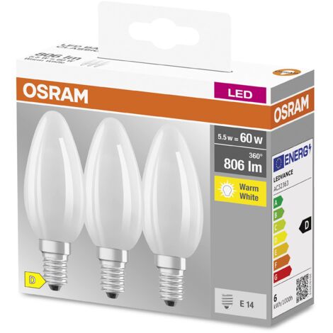 OSRAM LED-Lampe, a Candela, E14, 5.5 Watt, Bianco, Bianco Caldo, 2700 Kelvin, 3-Pack
